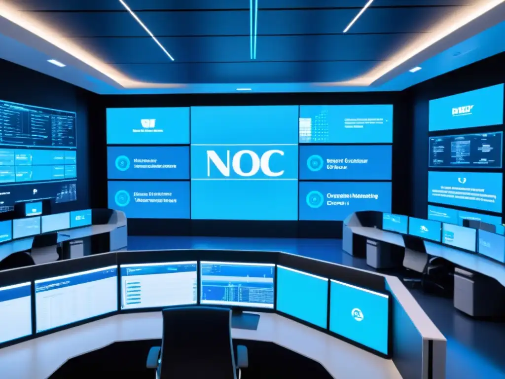 Un centro de operaciones de red (NOC) futurista y sofisticado con monitores de última generación, iluminado por un suave resplandor azul