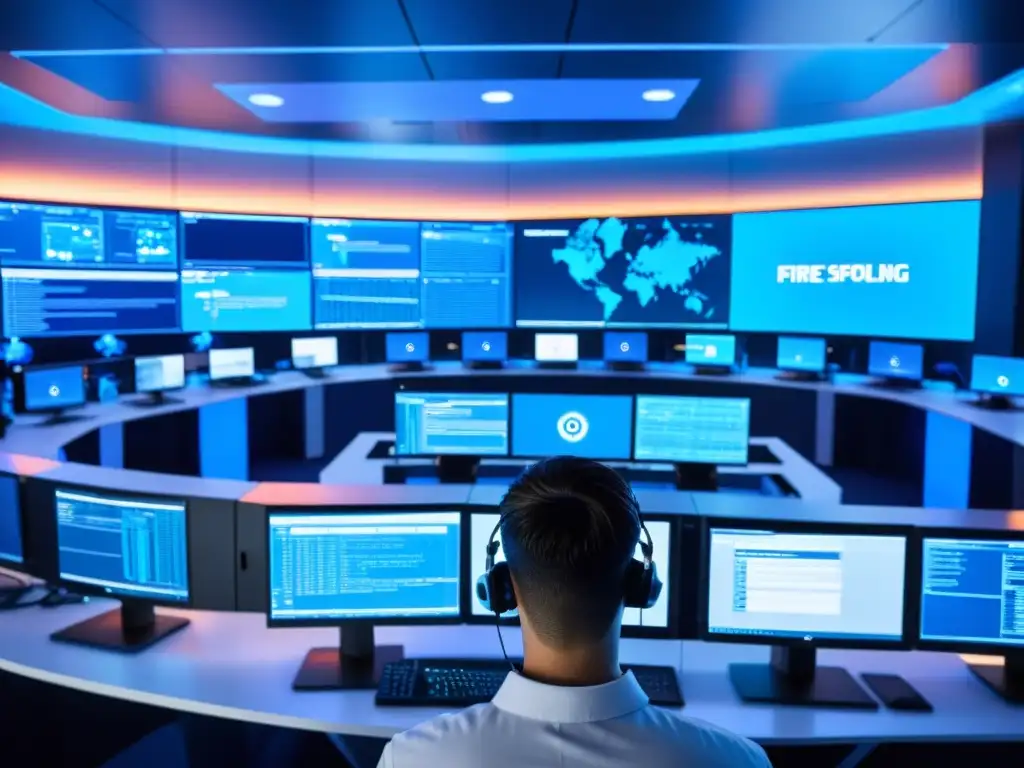 Un centro de operaciones de seguridad de red (SOC) moderno y futurista con monitores mostrando datos en tiempo real, equipo de ciberseguridad colaborando y destacando las ventajas de los firewalls de código abierto en la operación de seguridad cibernética