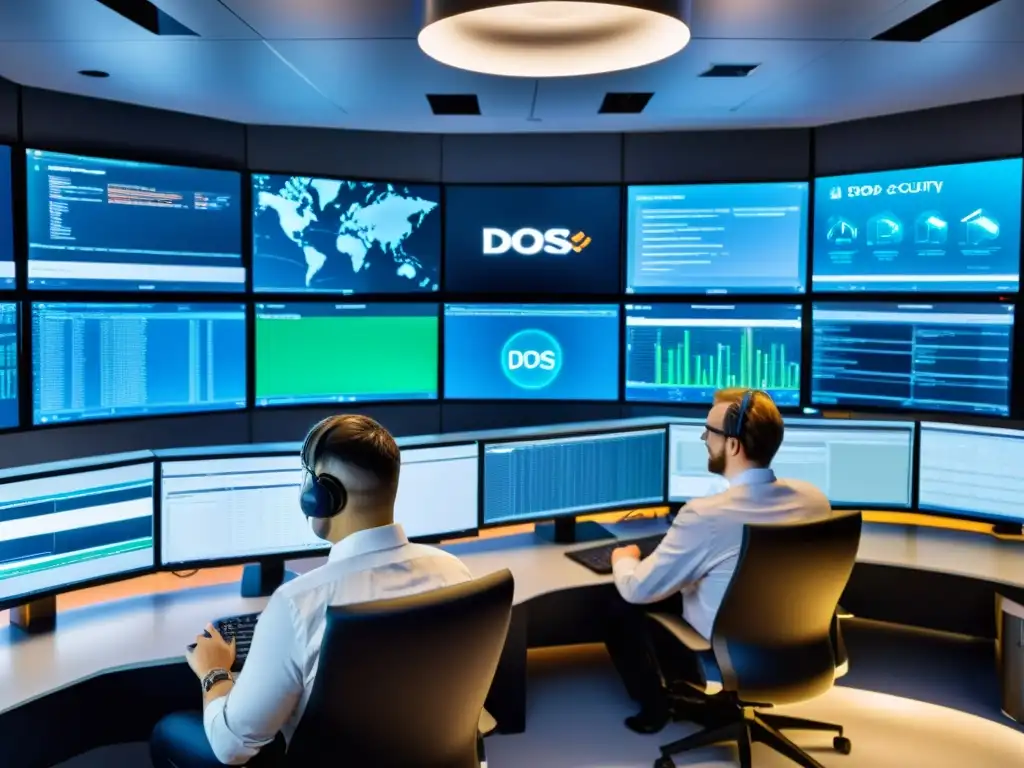 Un centro de operaciones de seguridad de red (SOC) con profesionales de TI monitoreando pantallas que muestran datos de ataques DDoS en tiempo real