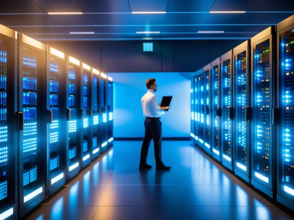 Sala de servidores moderna y eficiente con equipo de IT Un centro de servidores ordenado y moderno con equipo de IT monitoreando con eficiencia, iluminado con una luz azul futurista