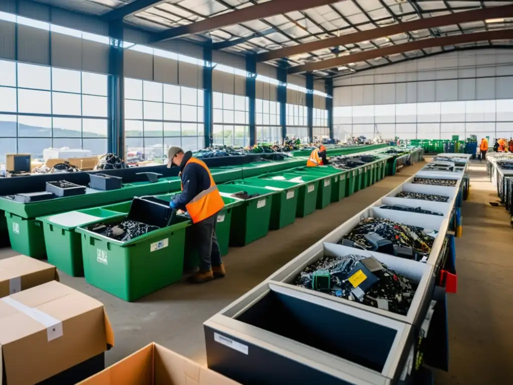 Un centro de reciclaje bullicioso con trabajadores clasificando hardware desechado, como computadoras y monitores