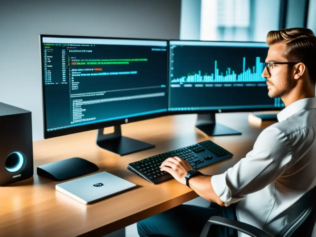 Aprende MySQL desde cero en un entorno profesional con moderno equipo informático y múltiples monitores mostrando interfaces de consulta MySQL, mientras una persona escribe en un elegante teclado