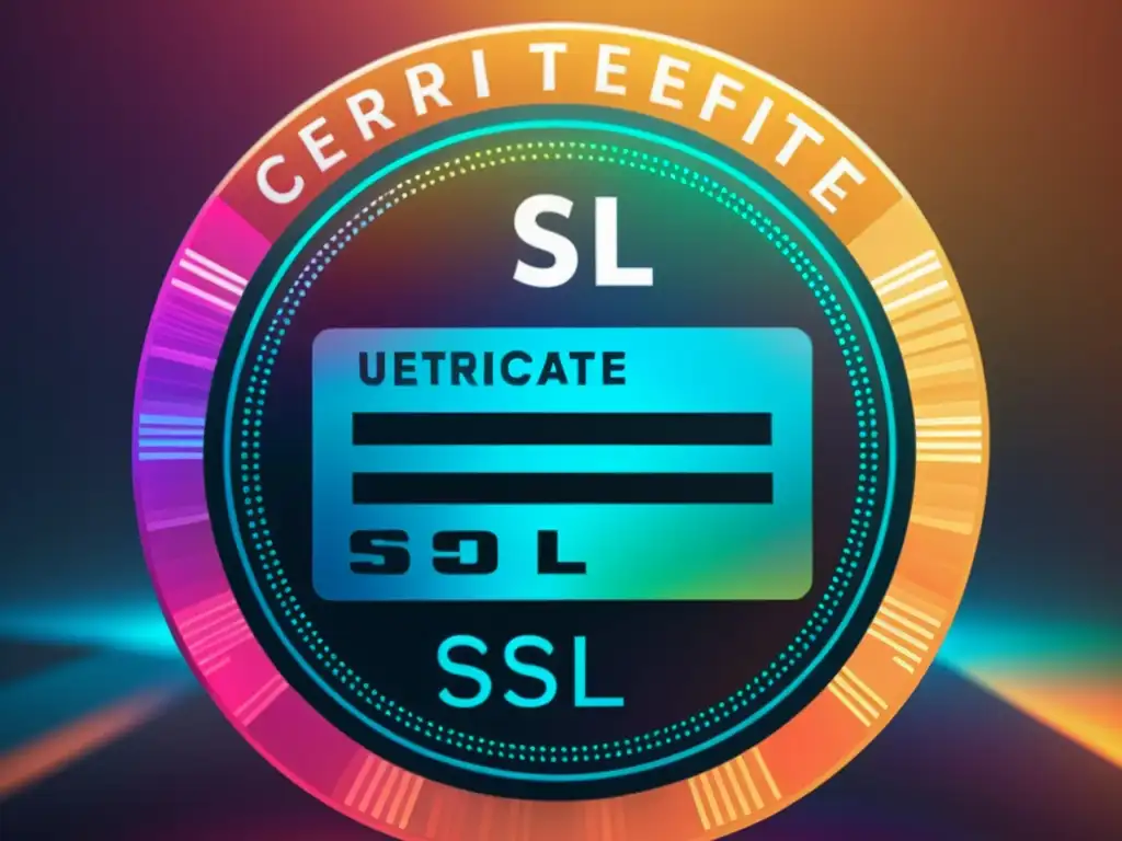 Certificado SSL moderno con patrones geométricos, holográficos y colores vibrantes, sobre un fondo de código binario