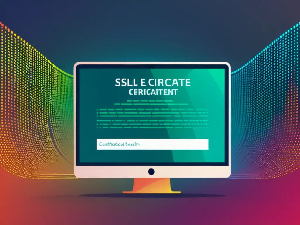 Un certificado SSL/TLS de código abierto en pantalla, rodeado de elementos tecnológicos futuristas