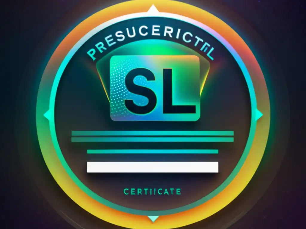 Un certificado SSL/TLS moderno y elegante con elementos holográficos, destaca el logotipo de opciones Open Source en un fondo futurista