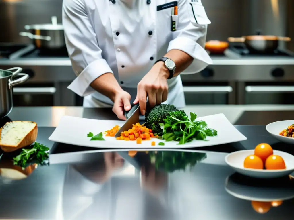 Un chef experto prepara con precisión y destreza, rodeado de utensilios modernos