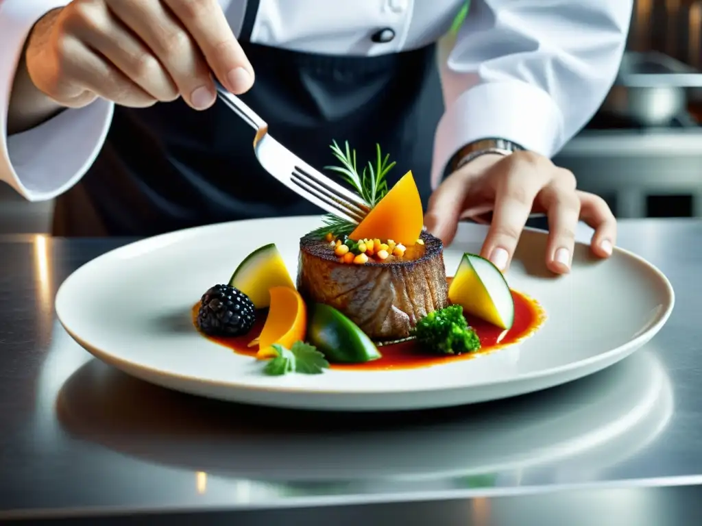 Un chef experto preparando un exquisito plato, con colores vibrantes y detalles intrincados, en un ambiente moderno