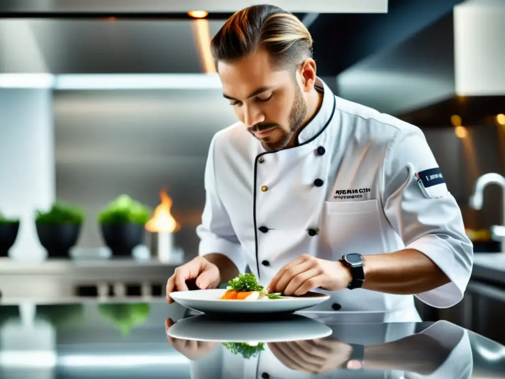 Un chef profesional preparando un exquisito plato en una cocina moderna y bien iluminada