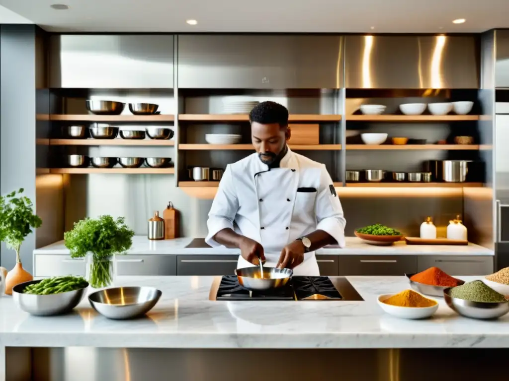 Un chef profesional preparando una receta en una cocina moderna con tecnología innovadora