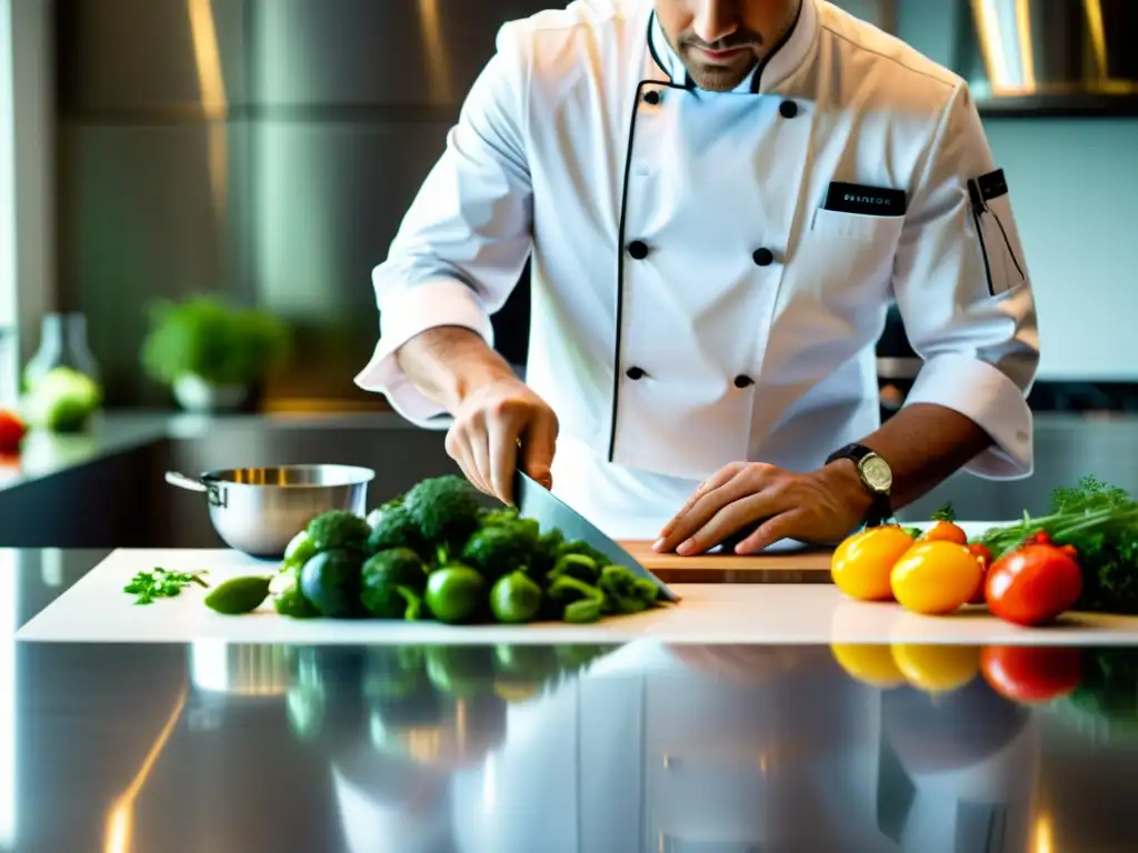 Un chef profesional preparando recetas en una cocina moderna, con utensilios de alta gama