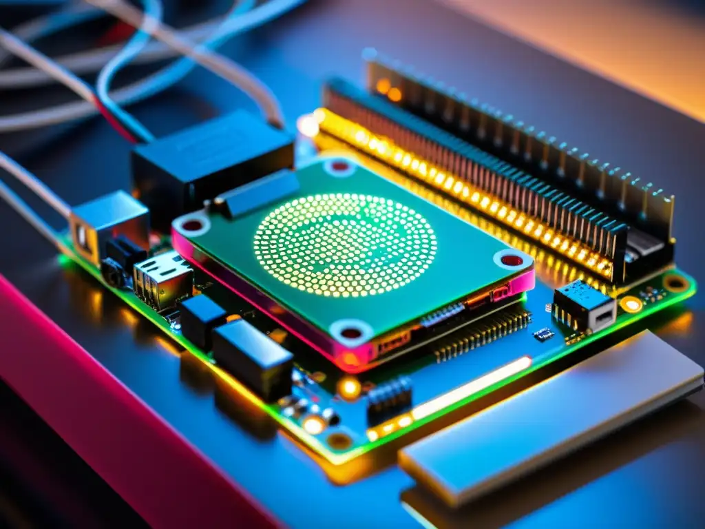 Un circuito detallado de Raspberry Pi con luces LED coloridas iluminando un espacio de trabajo moderno