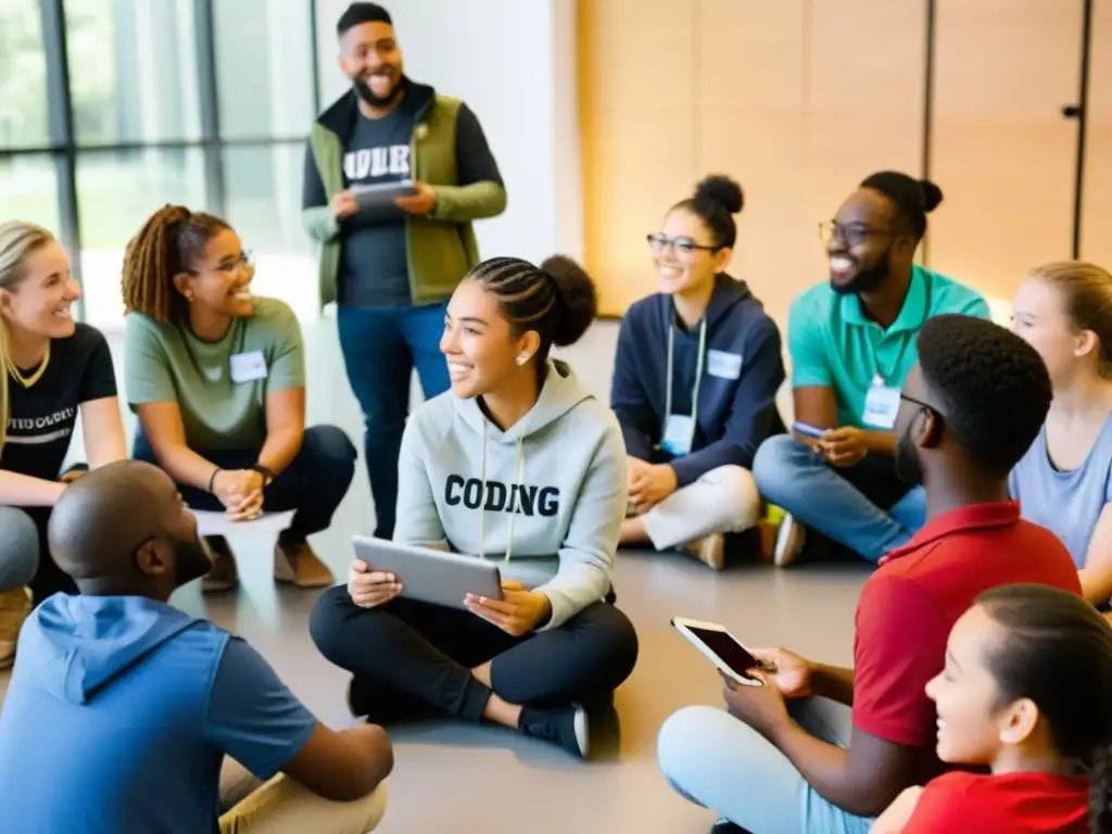 Un círculo de voluntarios diversos explica código a estudiantes de todas las edades y orígenes étnicos, creando un ambiente cálido y de colaboración