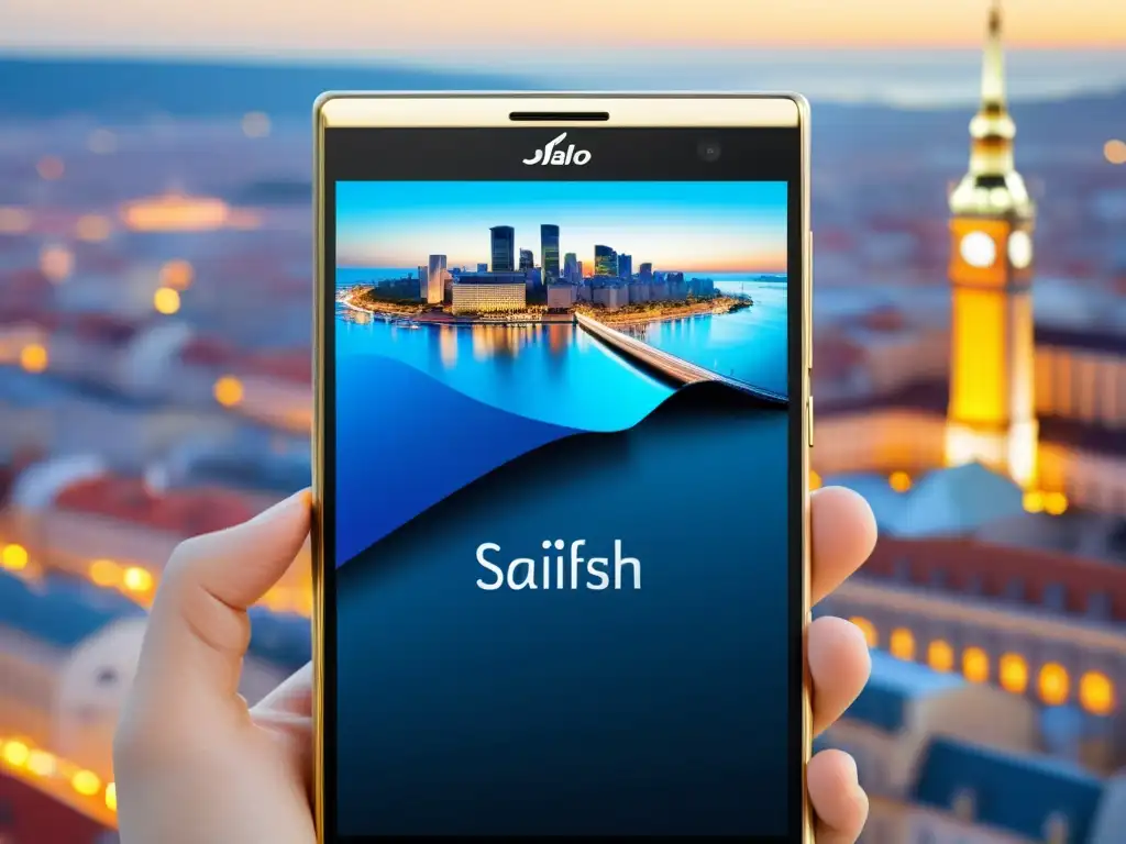 Sleek Sailfish OS smartphone reflejando la ciudad europea en su pantalla, fusionando tecnología y estilo urbano con sofisticación y vanguardia