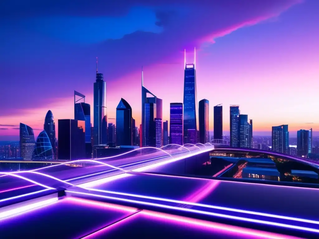 Una ciudad futurista con edificios iluminados y un entramado de caminos brillantes, reflejando innovación y modelos suscripción software libre