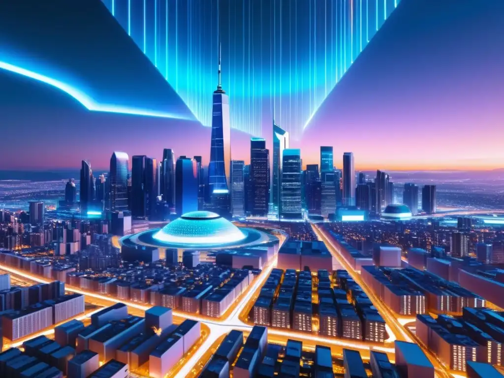 Una ciudad futurista 8k, con edificios iluminados y pantallas holográficas mostrando datos en el cielo