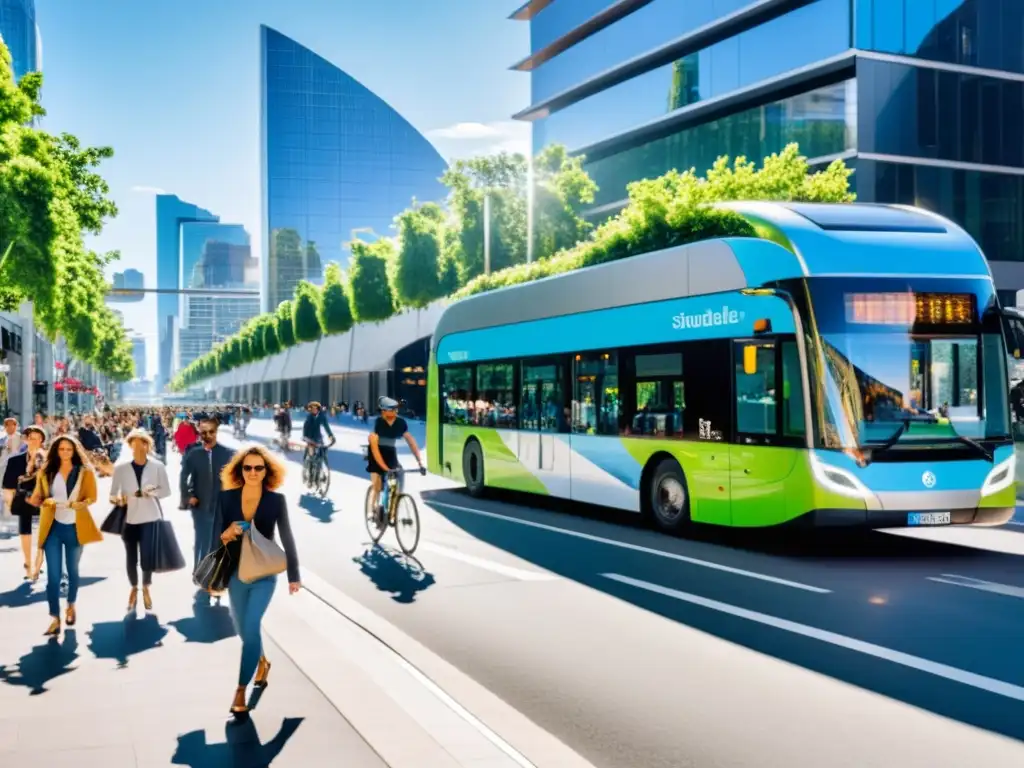 Una ciudad futurista con edificios modernos, transporte sostenible y energía solar