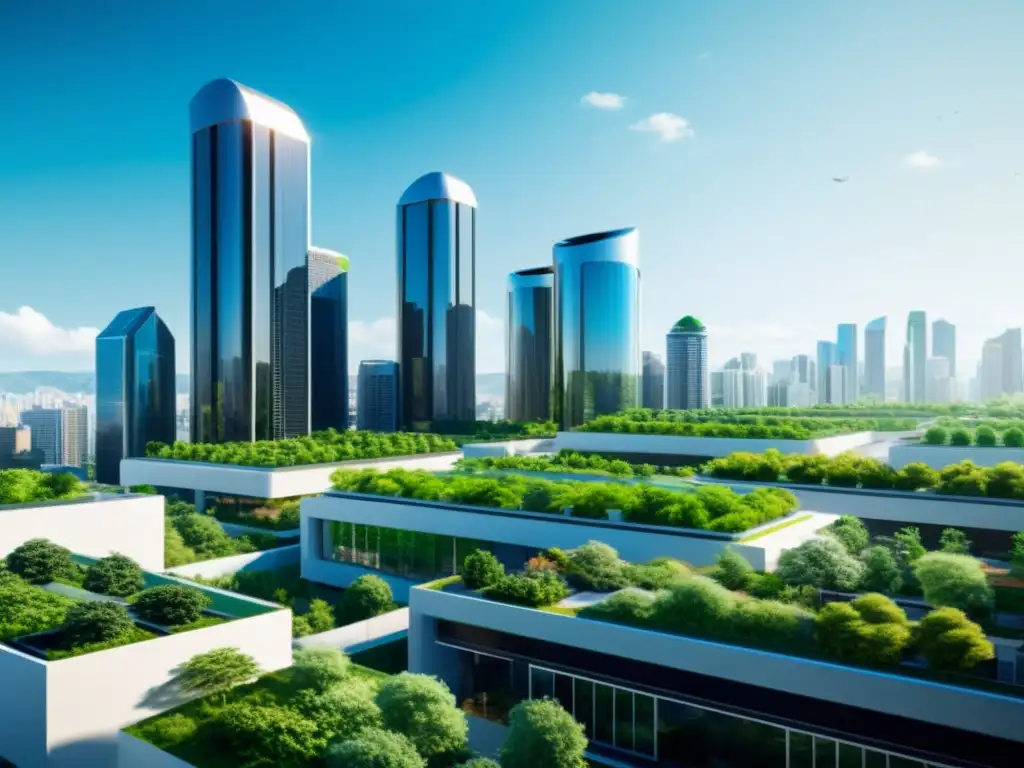 Una ciudad futurista con edificios sostenibles, rodeada de naturaleza y cielos limpios