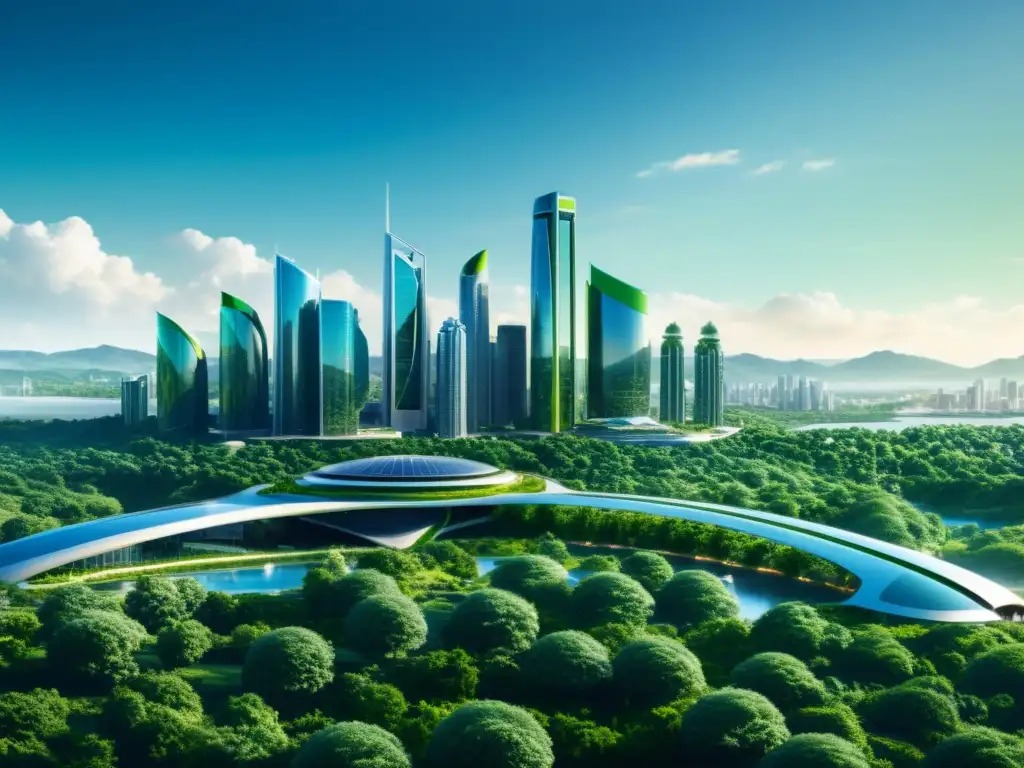 Una ciudad futurista con edificios verdes y tecnología IA Open Source lucha cambio climático