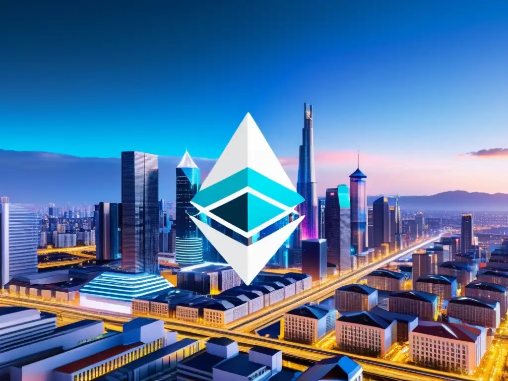 Una ciudad futurista con el logo de Ethereum integrado sutilmente en el horizonte, simbolizando la interconexión entre la tecnología y el desarrollo urbano