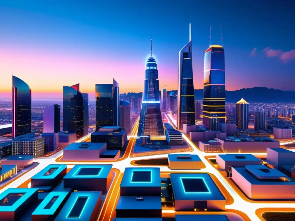 Una ciudad futurista al anochecer, con luces de neón brillantes y arquitectura innovadora, desafiando los prejuicios sobre futuro código abierto