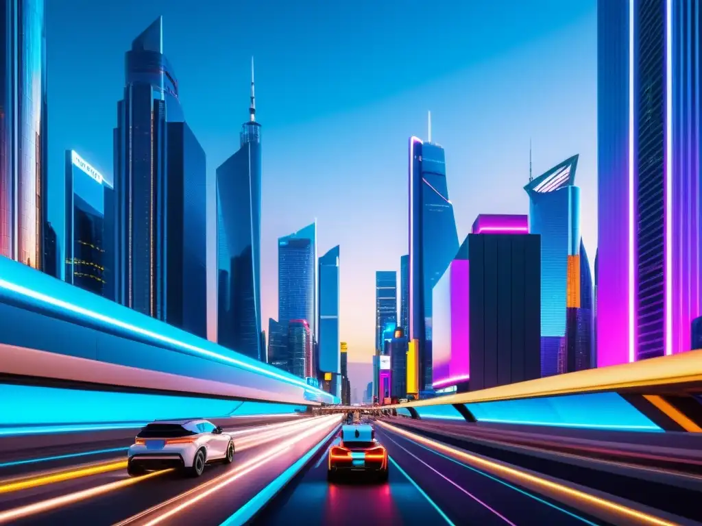 Una ciudad futurista y ultramoderna con rascacielos elegantes que alcanzan un horizonte vibrante y tecnológicamente avanzado