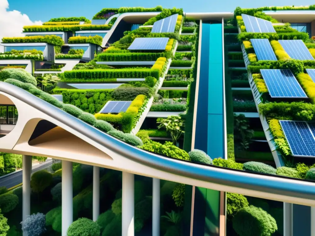 Una ciudad futurista vibrante con arquitectura sostenible integrada con exuberante vegetación