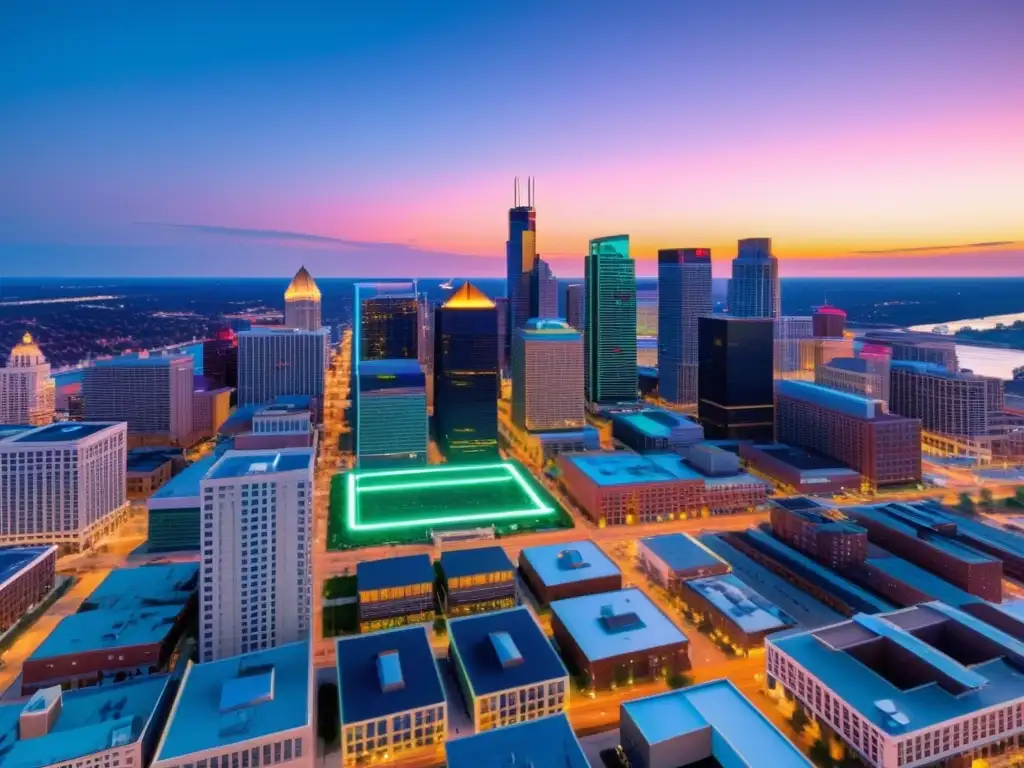 Una ciudad futurista vibrante al atardecer, con rascacielos iluminados por luces de neón