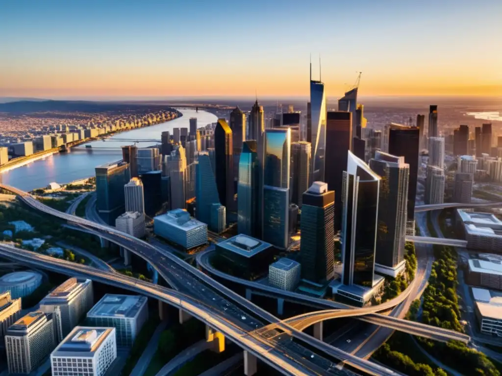 Una ciudad moderna bulliciosa al atardecer, con rascacielos relucientes y una red de carreteras iluminada