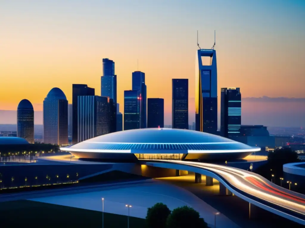 Una ciudad moderna con estaciones de monitoreo de calidad del aire integradas en su paisaje urbano, bañada en cálida luz dorada
