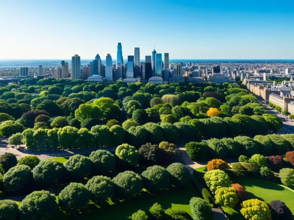 Una ciudad vibrante y moderna, con rascacielos y edificios históricos bajo un cielo azul