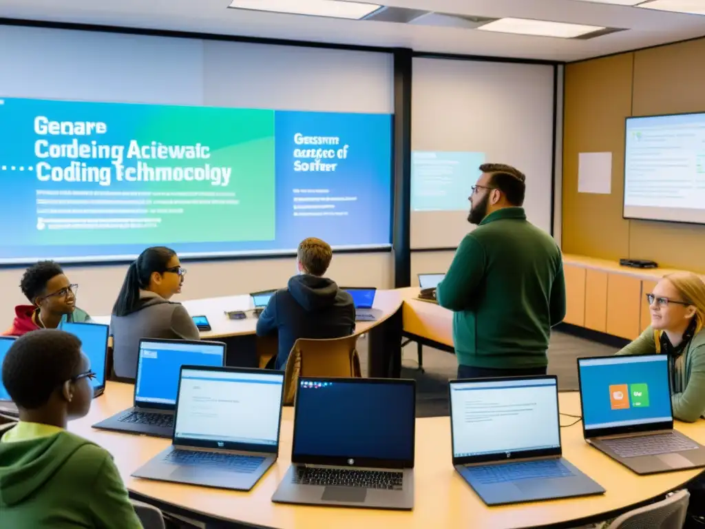 Clase activa con estudiantes programando juntos, rodeados de tecnología y energía