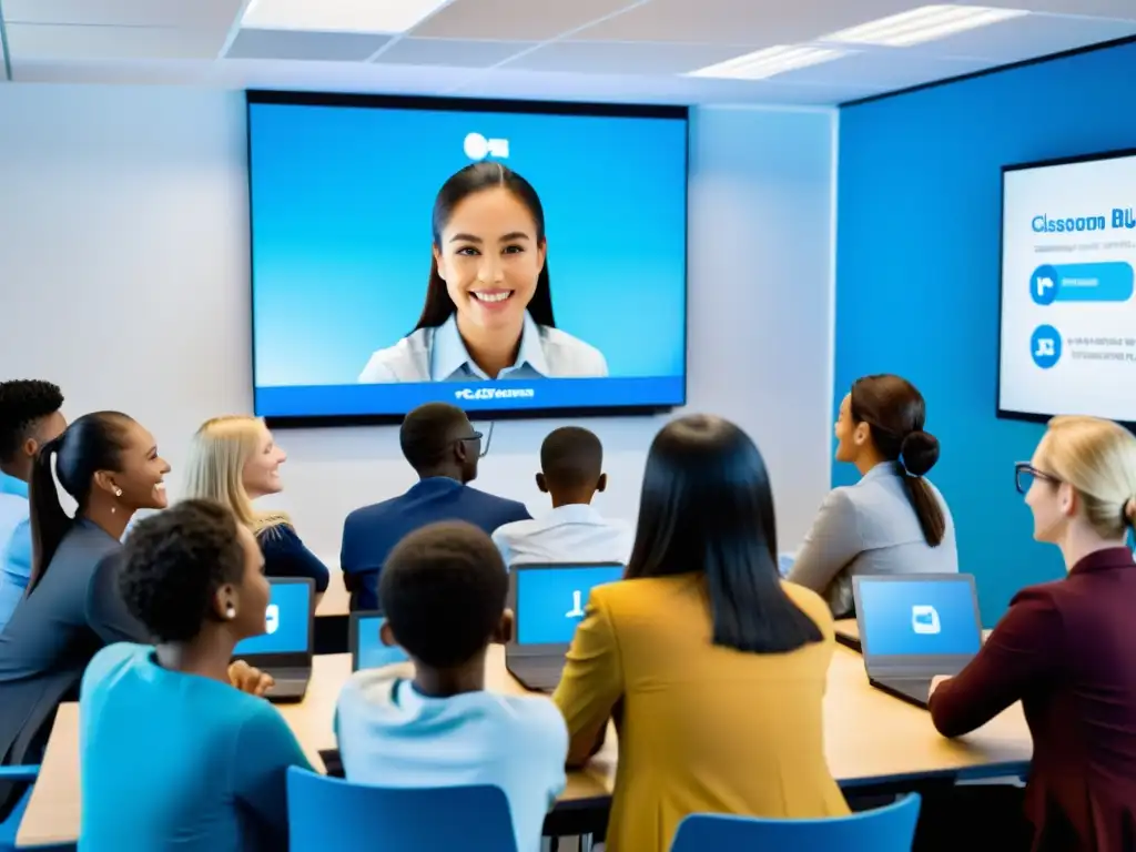 Una clase moderna y acogedora usando la plataforma BigBlueButton para videoconferencias educativas, con interacción y profesionalismo