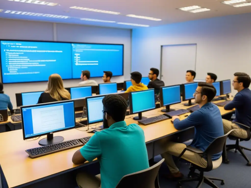 Clase moderna con estudiantes y maestro aprendiendo sobre Unix de código abierto en educación