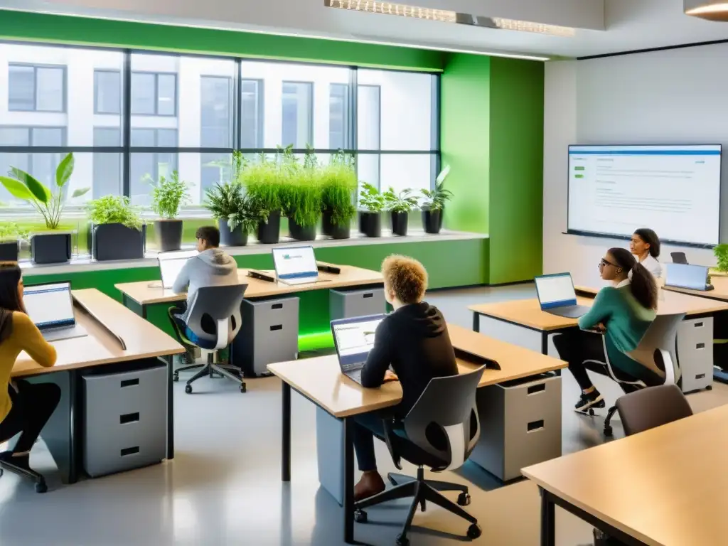 Clase moderna con estudiantes usando laptops y plantas verdes, enfocada en el Impacto del Software de Código Abierto