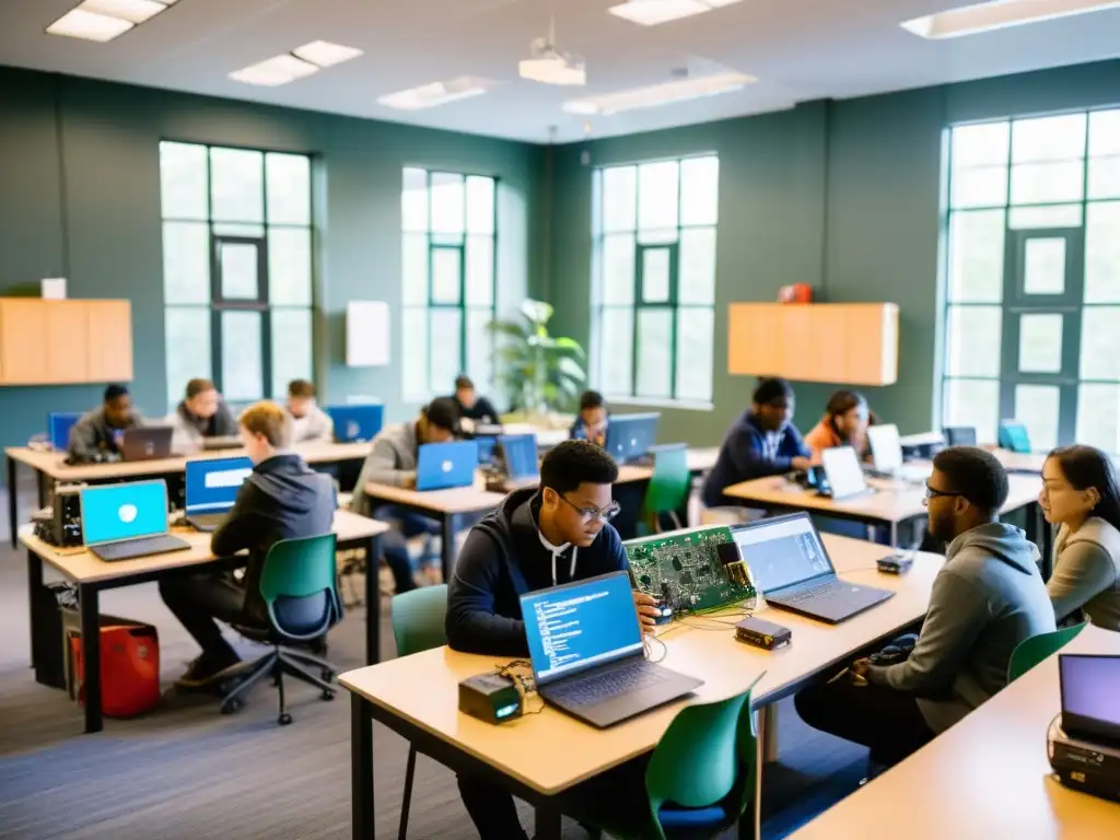 Proyectos IoT en el aula: aprendizaje interactivo y colaborativo Clase vibrante de aprendizaje interactivo IoT código abierto, estudiantes enfocados en proyectos mientras el maestro les guía