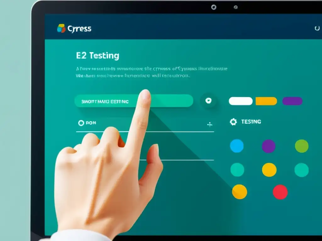 Un clic preciso en un botón de una interfaz web moderna, destacando la importancia de las pruebas E2E con Cypress para el desarrollo web