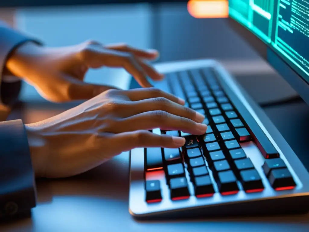 Closeup de manos de desarrollador tecleando en un elegante teclado retroiluminado, con código en pantalla de alta resolución