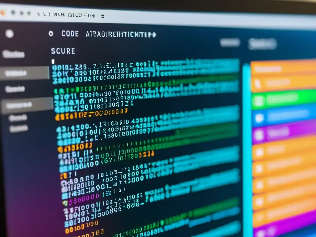 Closeup de pantalla con código de colores vibrantes, resaltando autenticación segura en aplicaciones de código abierto