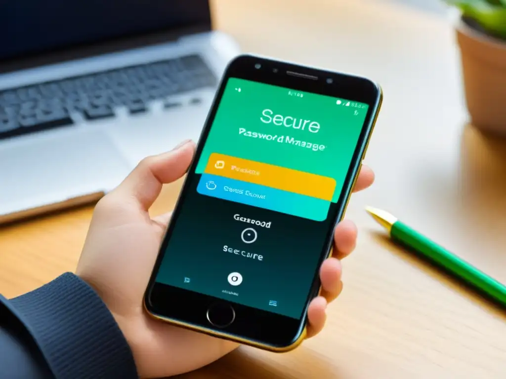 Closeup de smartphone moderno con gestor de contraseñas open source seguros en pantalla, simbolizando tecnología de vanguardia
