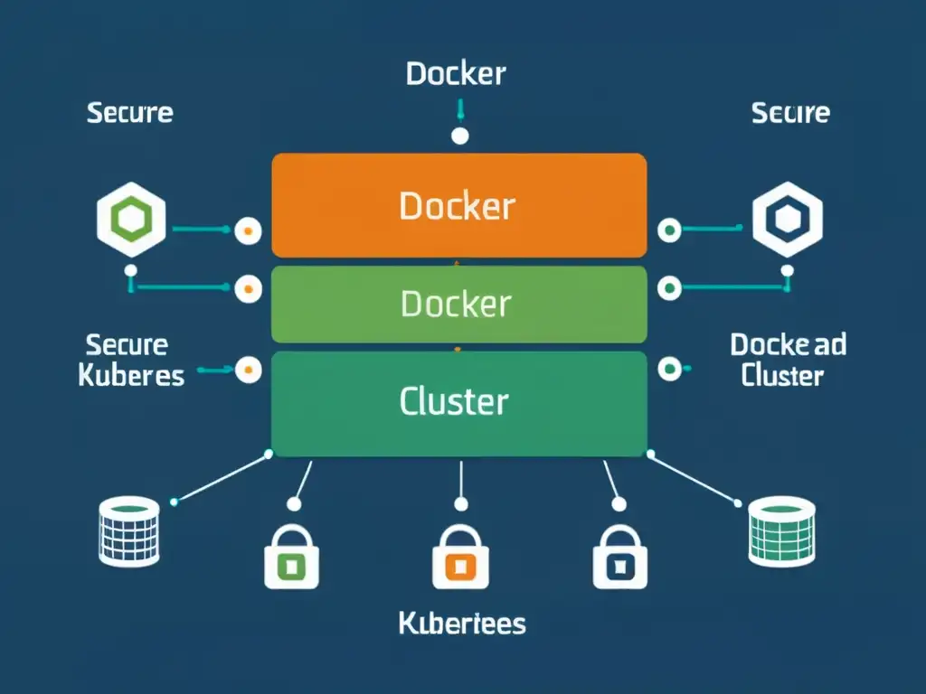 Cluster seguro y eficiente de Docker y Kubernetes, mostrando contenedores interconectados con microservicios