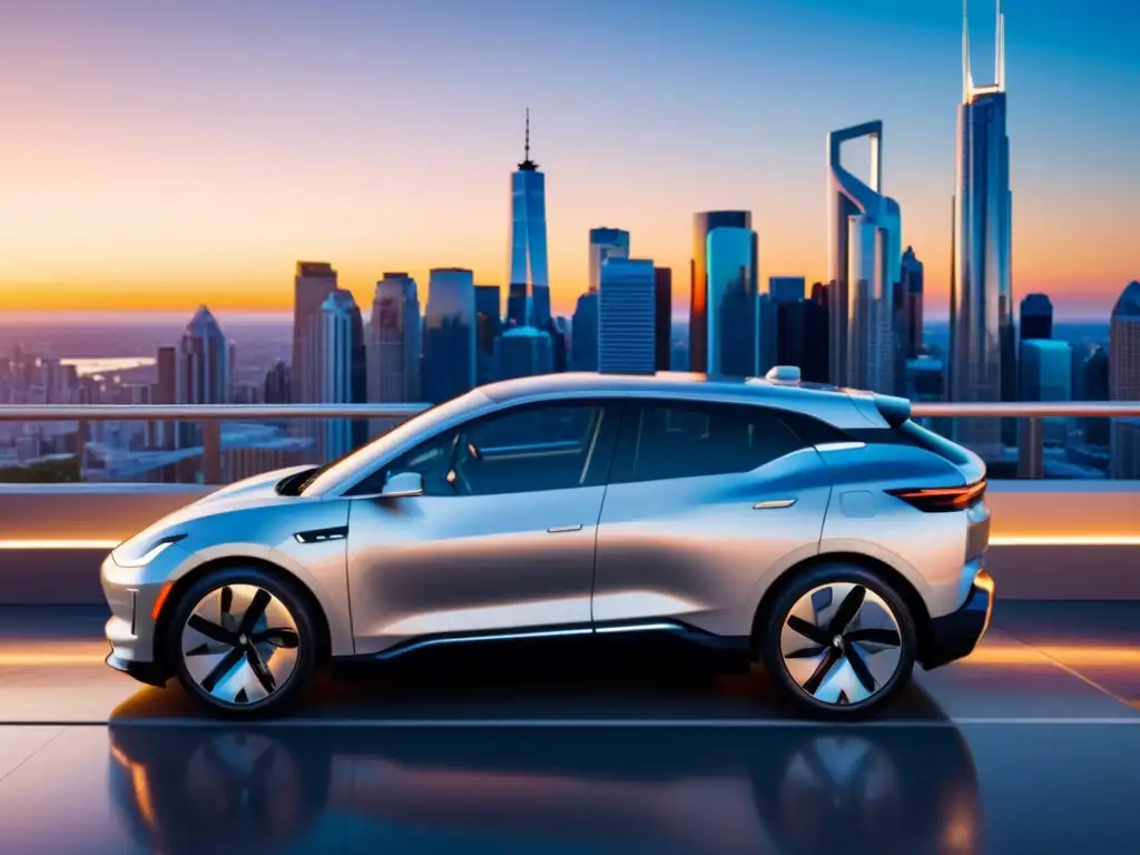 Coche eléctrico futurista cargando en estación vanguardista, rodeado de ciudad moderna al atardecer