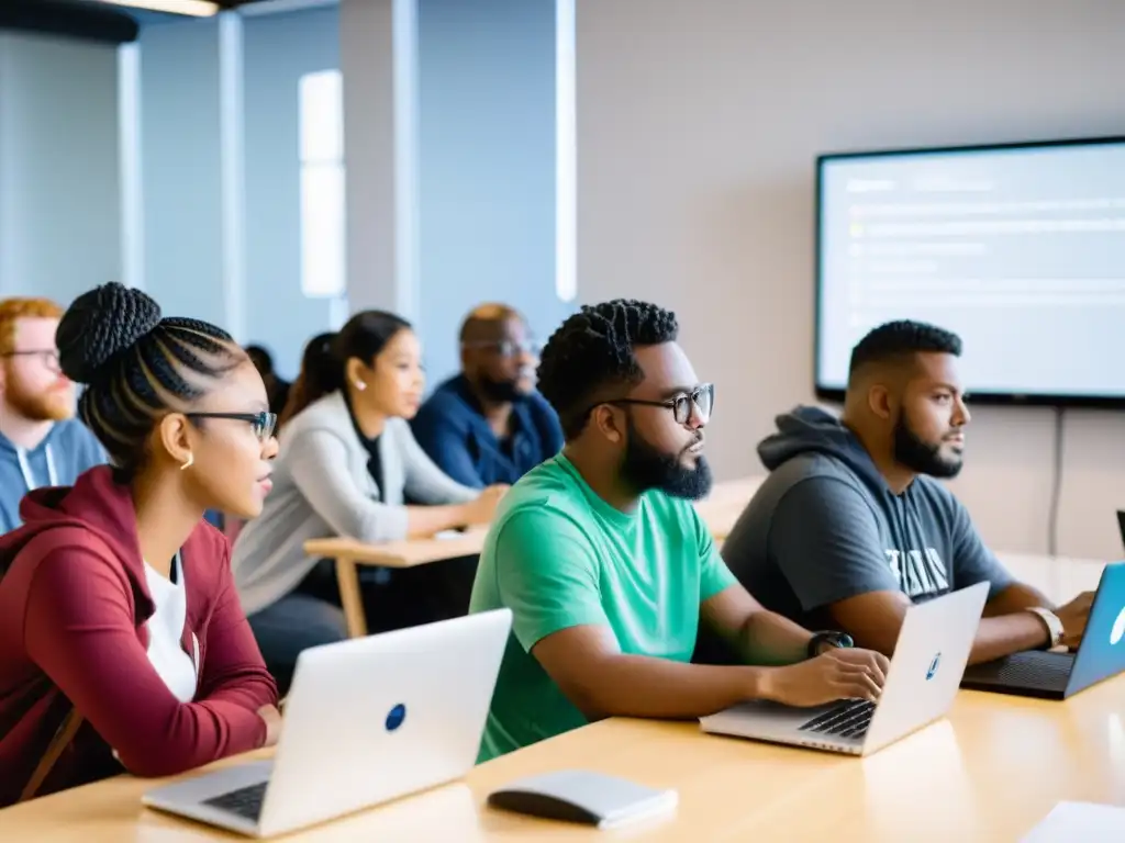 Hackathons de código abierto colaborativos en un espacio moderno y dinámico, con participantes enfocados en codificar y colaborar