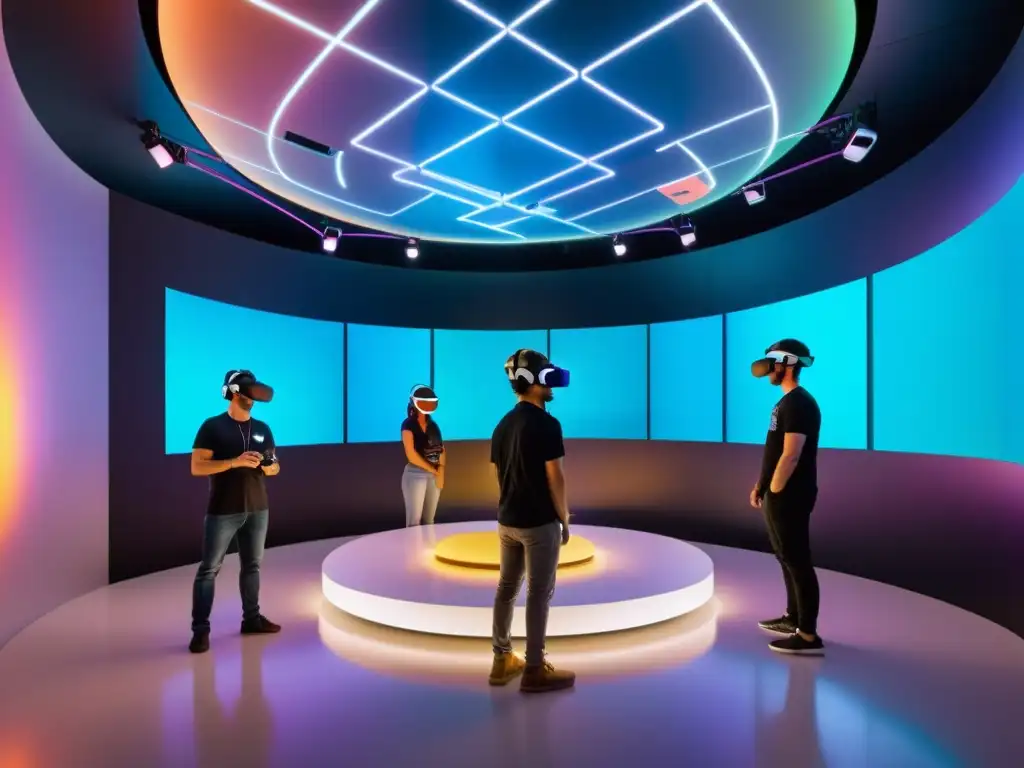 Inmersión VR: Colaboración en código fuente abierto Colaboración en código abierto en un entorno de realidad virtual futurista con diseños minimalistas y tecnología inmersiva