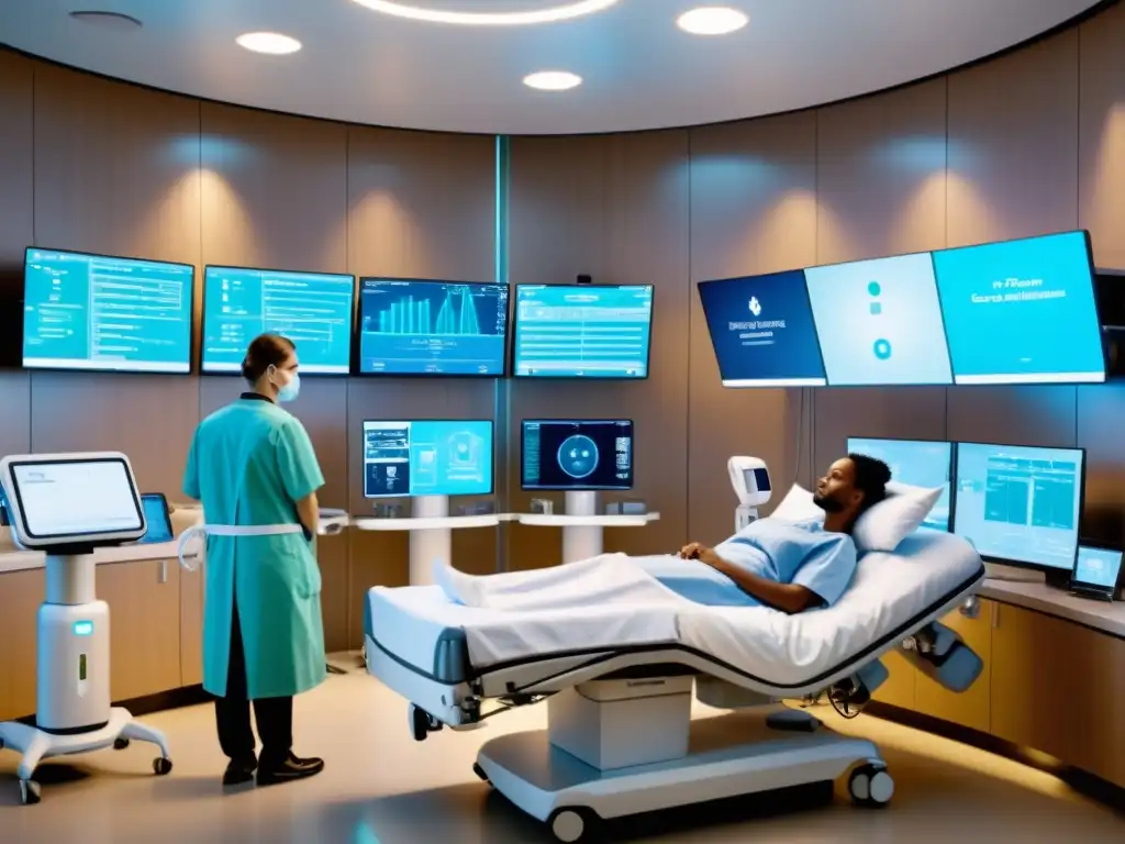 Implementación de IA de código abierto en hospitales: Avanzada tecnología médica y cuidado profesional en una habitación futurista