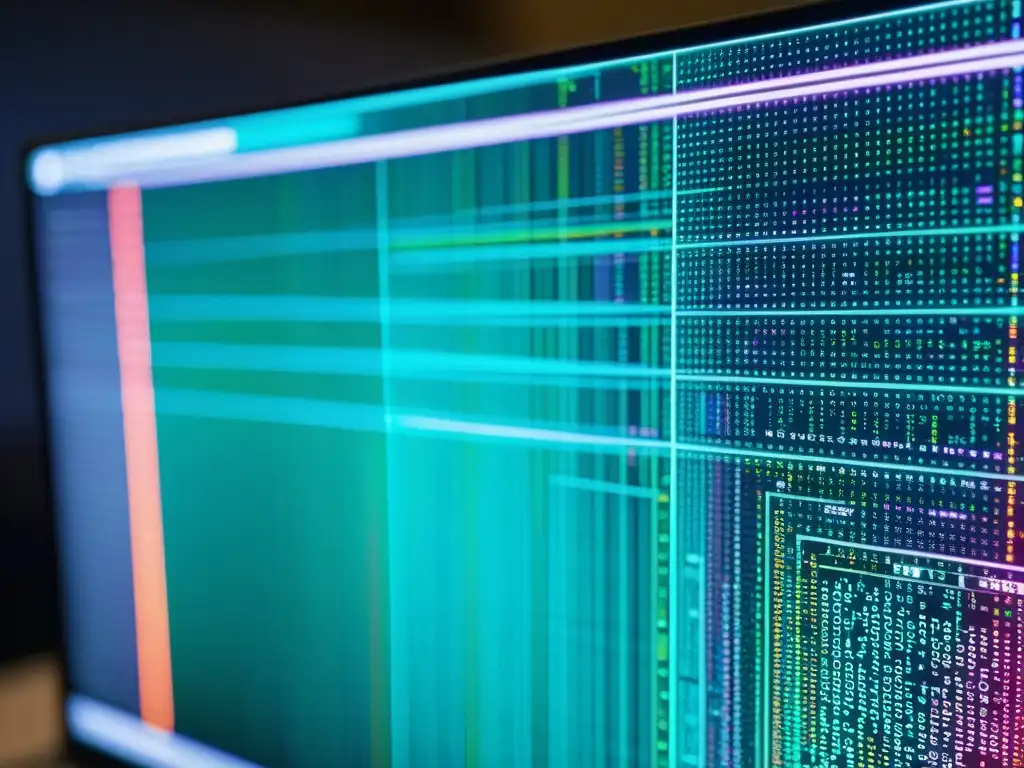 Un código complejo y vibrante relacionado con la inteligencia artificial, representa la complejidad de las auditorías de código en IA