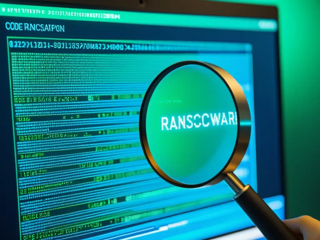 Un código de detección y descifrado de ransomware es examinado de cerca con una lupa digital