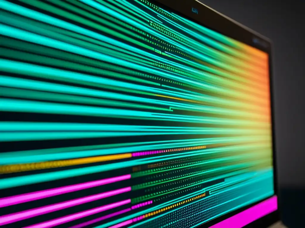 Un código de seguridad web sofisticado en una pantalla de computadora, rodeado de un entorno futurista y minimalista