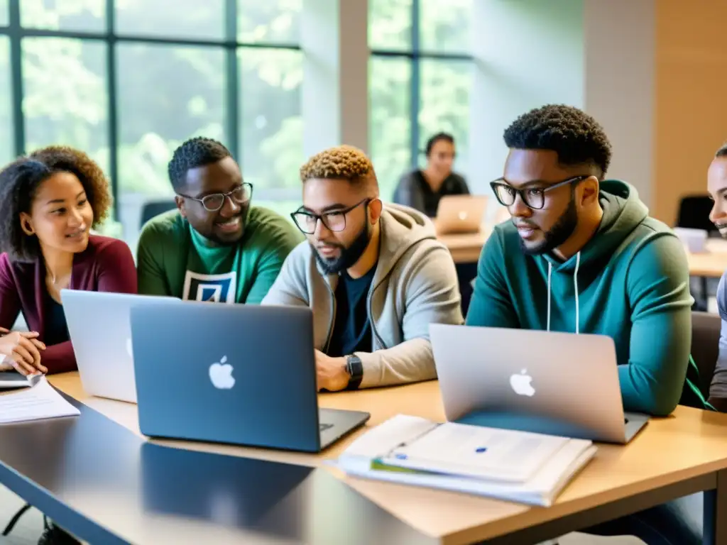 Innovación colaborativa en hackathons de código abierto: Grupo diverso en animada discusión, rodeado de laptops y papeles en una atmósfera cálida y luminosa