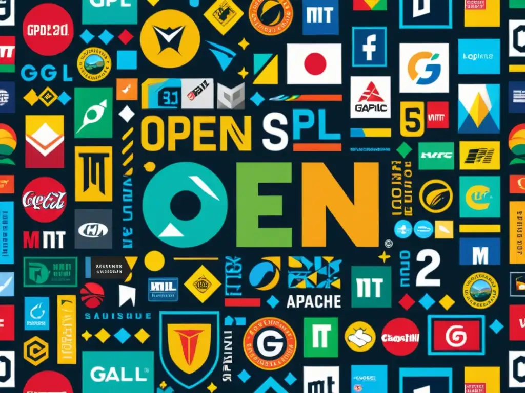 Collage vibrante y dinámico con logotipos de GPL, MIT y Apache