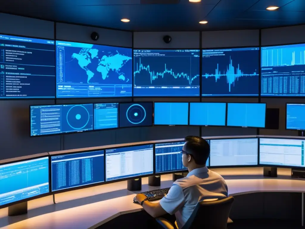 Centro de Control Futurista con Monitoreo Nagios en Tiempo Real Un comando futurista de Nagios con monitores y técnicos en una atmósfera profesional y cautivadora